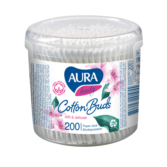 Aura Beauty cotton buds with paper stick 200pcs., in a round box