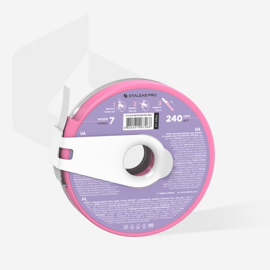 Staleks Pro Expert Bobbinail AT-240W disposable white abrasive tape in a plastic case 7m 240 grit