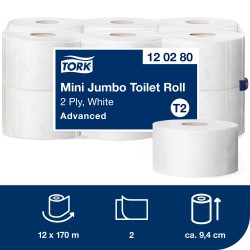Tork T2 Mini Jumbo Toilet Roll 2-ply White Advanced 170m